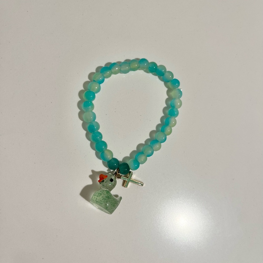Aqua Beaded duck and cross bracelet
